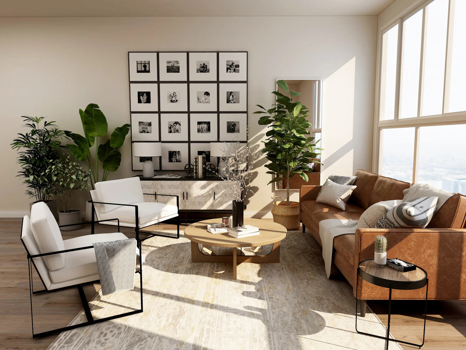 Sunlit living room with gallery wall, indoor plants and leather seating