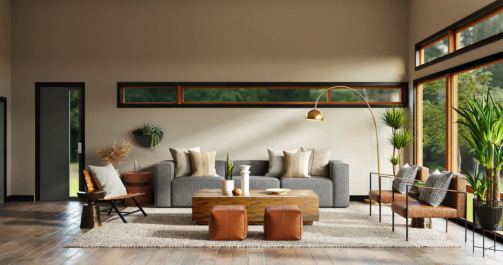 Warm contemporary living room with natural textures and large windows